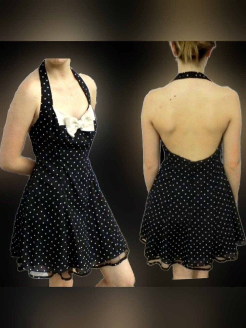 Vtg 90s Marnie West blk white polkadot crinoline lined backless halter dress sz6